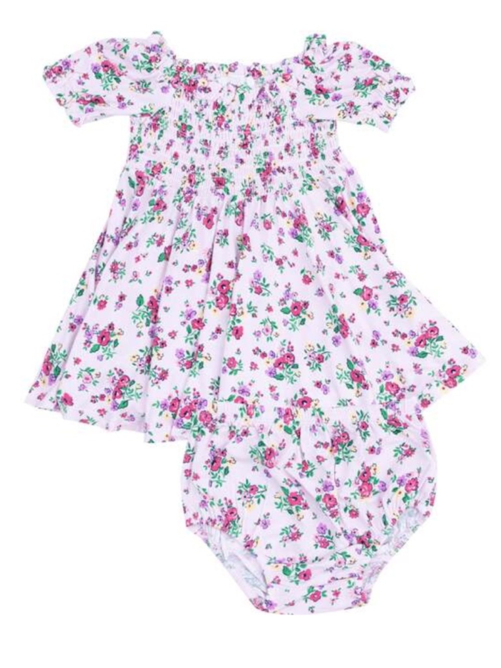 Puff Sleeve Smocked Dress And Diaper Cover, Preppy Roses